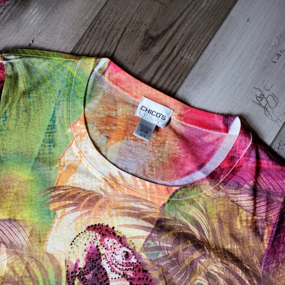 CHICO'S Tropical Paradise Parrot Rhinestone Sparkle 3/4 Sleeve Blouse Size 0 EUC - Picture 5 of 16